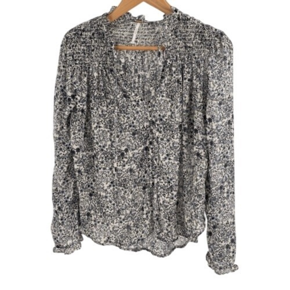 Free People Top Boho Women's Size Medium Floral Sheer Ruffle Sleeve White